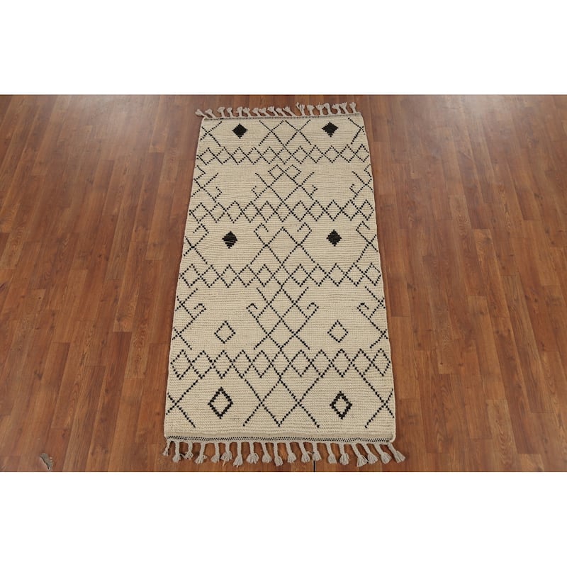 Ivory Striped Moroccan Oriental Accent Rug Handmade Wool Carpet - 2'10"x 5'6"