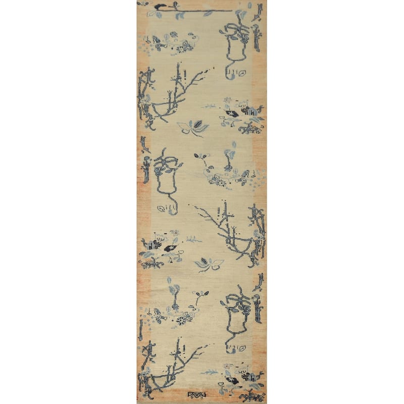 Hand Knotted Oriental 100% Wool Carpet Traditional Floral Beige & Ivories Ziegler Runner Rug - 11' 9'' X 2' 10''