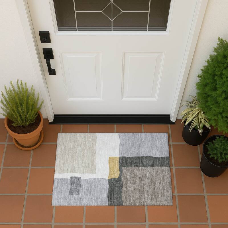 Machine Washable Indoor/ Outdoor Contemporary Blox Chantille Rug - Gray - 1'8" x 2'6"
