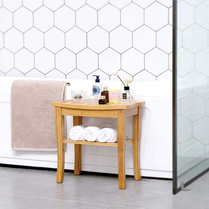Bamboo Shower Seat Bench Spa Bath Stool Chair w/ Storage Shelf