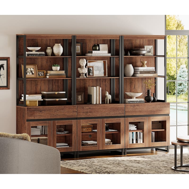3 PCS Modern 72" Tall Buffet Cabinet with 3 Drawers and Open Shelves, Storage Cabinet for Dining Room or Kitchen - 72inches - Brown