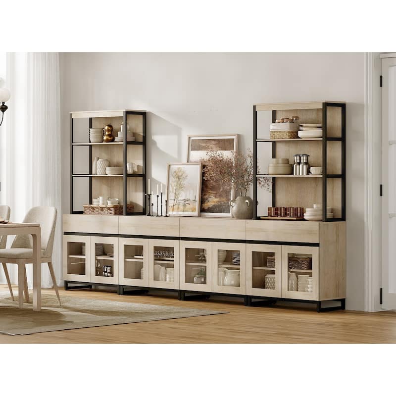 Modern Farmhouse Buffet Cabinet with 3 Tiers and 4 Cabinets, Wooden Sideboard for Dining Room or Kitchen