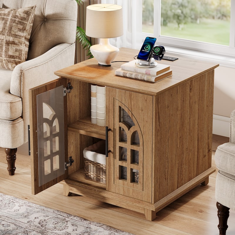 Farmhouse End Table with Charging Station & LED Light