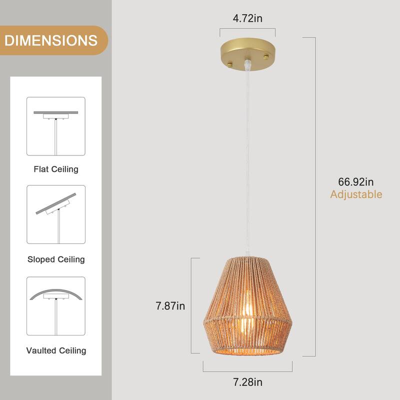 3-Light Metal Hanging Pendant Light Chandelier with Paper Rattan Shade for Kitchen Island