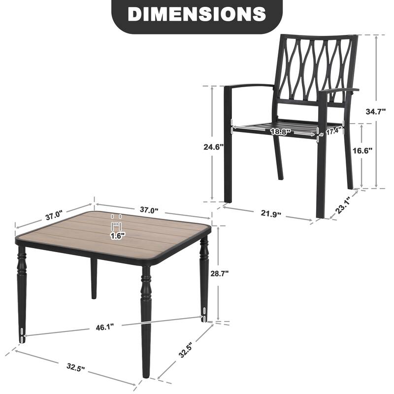 5PCS Patio Stackable Dining Set, Umbrella Hole and Wood-Grain Tabletop