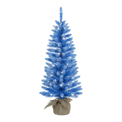 Puleo International 4 ft Pre-Lit Blue Artificial Tree in Burlap Sac 146 Tips 70 Clear Lights