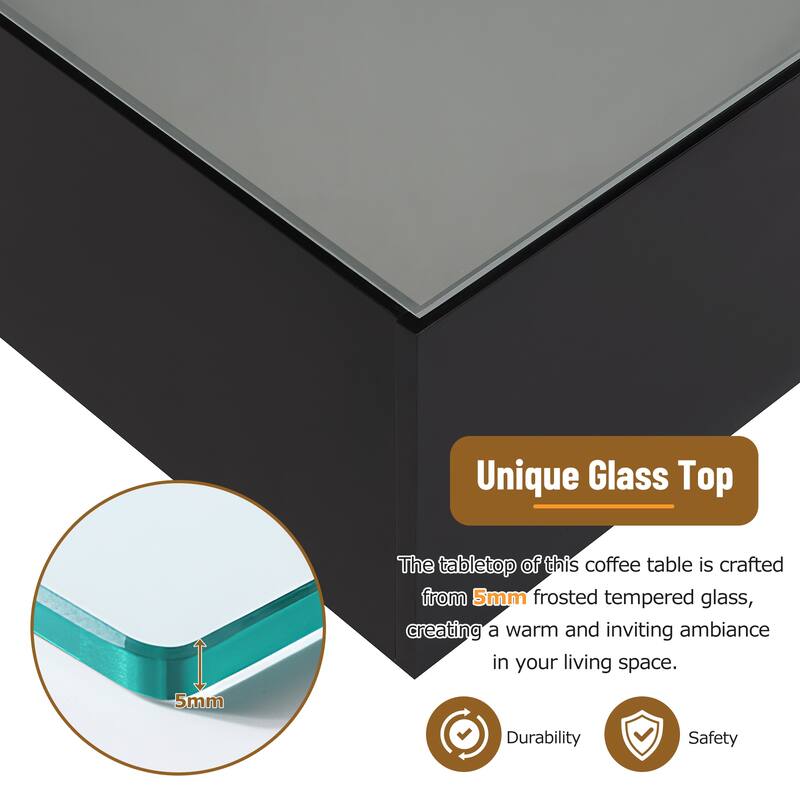 27.5" High Glossy Square Coffee Table with LED Lights, Modern Center Table with Frosted Tempered Glass Top for Living Room