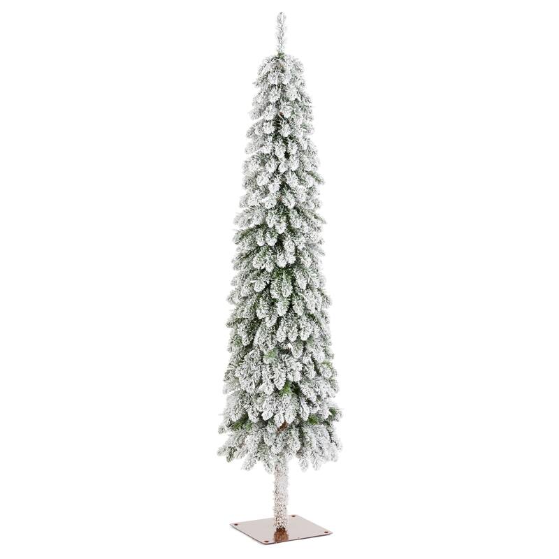 Glitzhome 4.5ft/6ft/7.5ft Pre-Lit Flocked Artificial Snowy Downswept Christmas Tree with Foot Pedal Control LED Lights