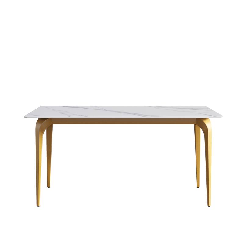 63" Light Luxury Marble Dining Table, Rectangular Sintered Stone Top and Carbon Steel legs