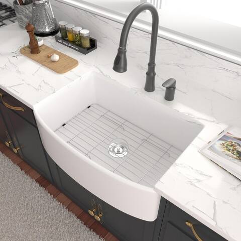 Lordear 30/33 Inch White Ceramic Farmhouse Arch Edge Apron Front Kitchen Sink