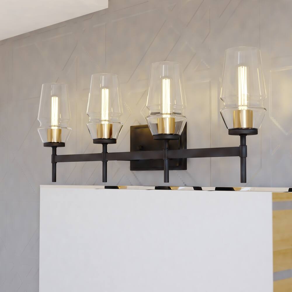 Warren Matte Black and Brushed Brass Gold Bathroom Vanity Lighting Fixture Clear Glass Shade Dimmable LED Compatible Wall Sconce