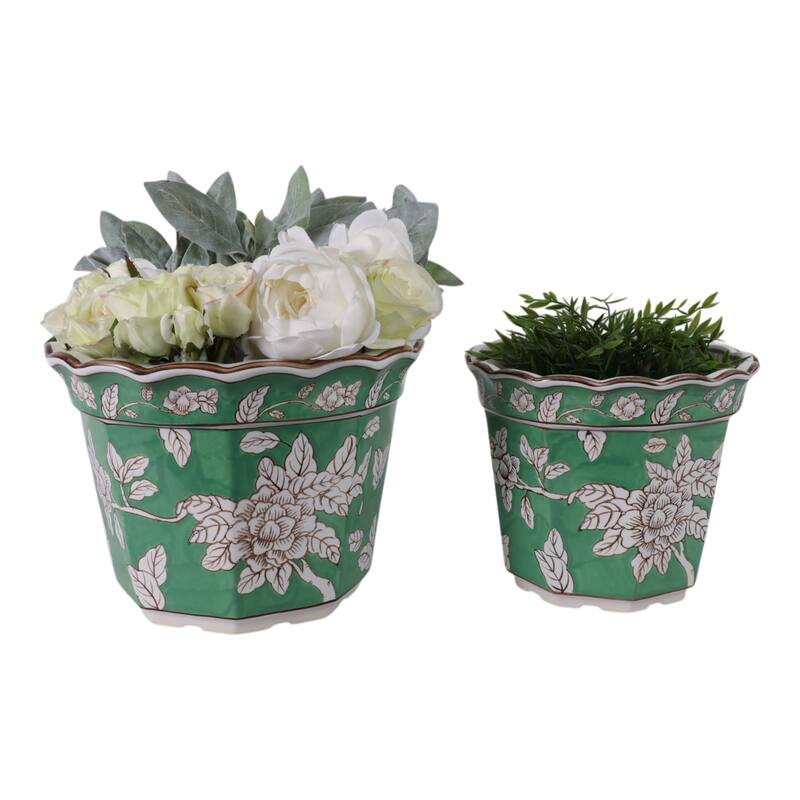 Ceramic Planters Embossed Bird Floral Detailing Scalloped (Set of 2) - 12.25" x 12.25" x 9.5"
