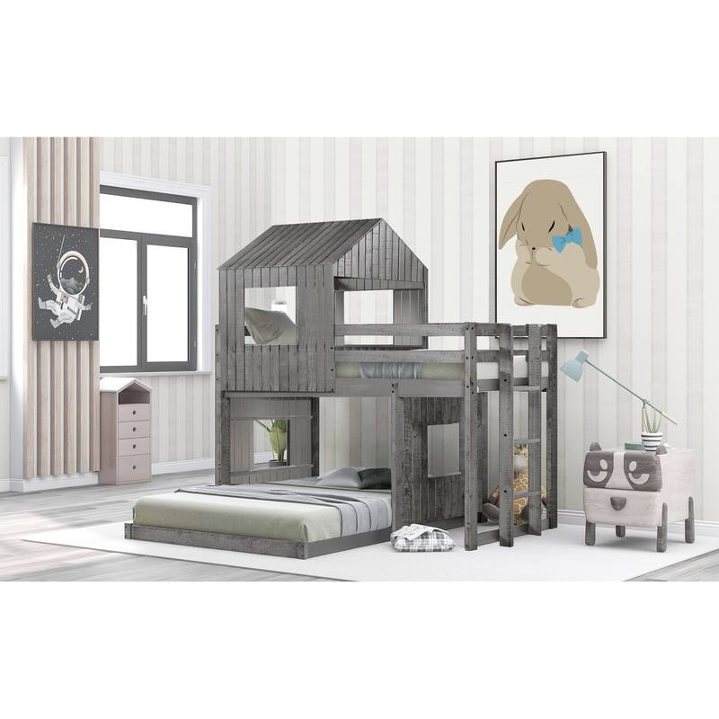Twin Over Full Bunk Bed with Playhouse, Farmhouse Design, Ladder and Guardrails, Antique Gray