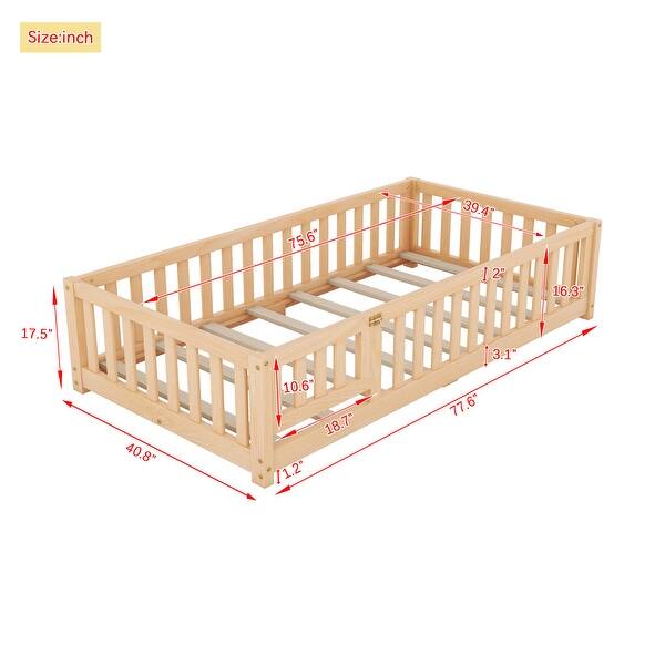 dimension image slide 2 of 4, Twin Size Kids Floor Bed with Guardrails and Door