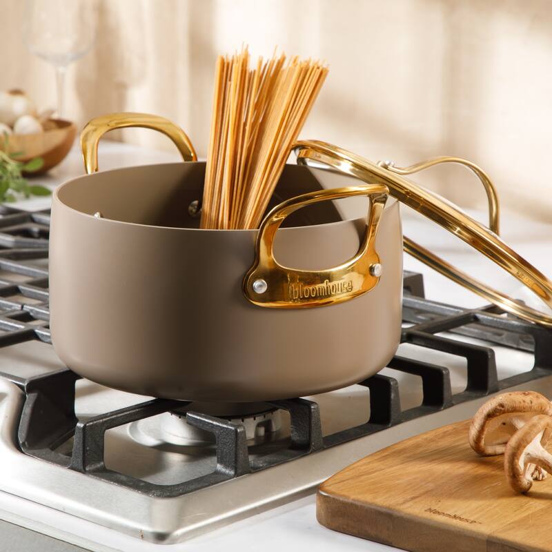 Bloomhouse Pots and Pans Heavy Duty Aluminum Premium PFA Free Ceramic Nonstick - Cappucino Cream with Gold Handle