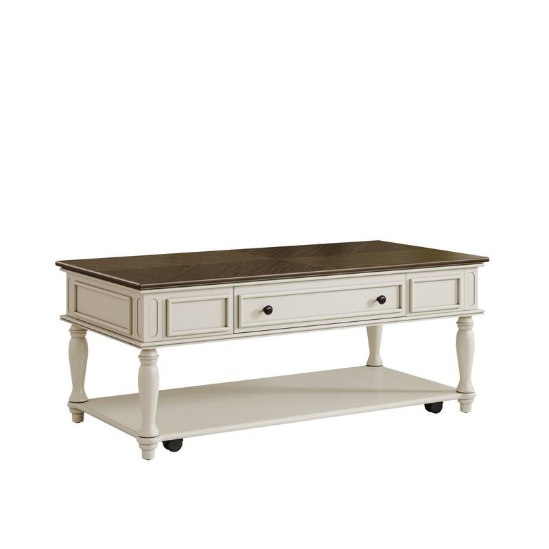 Farmhouse Coffee Table with One Drawer and Lockable Wheels, Retro Center Table - 47.2" W × 23.6" D × 19.6" H