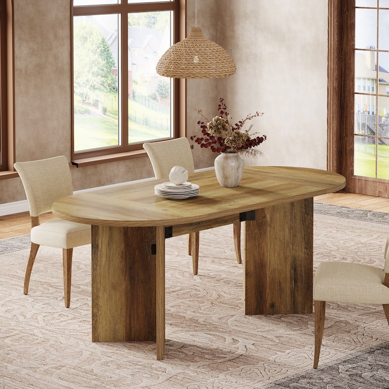 63 Inches Rustic Oval Dining Table, Sturdy MDF Farmhouse Kitchen Table with Metal Strip Base
