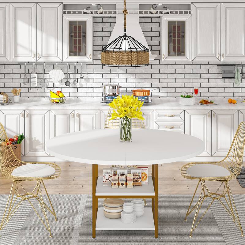 Round Dining Table for 4, 47 inch Kitchen Table Small Dinner Table with Storage Shelf - WhiteGold