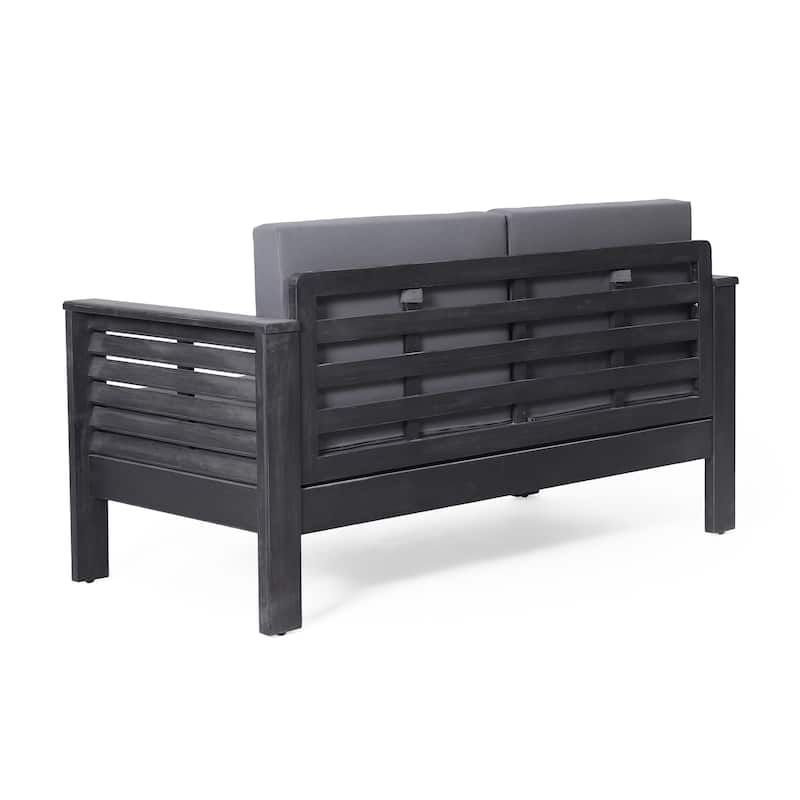 Roomfitters Outdoor Acacia Wood Loveseat and Coffee Table Set, Cream Cushions, Teak Finish, Ideal for Patio, Garden, or Porch