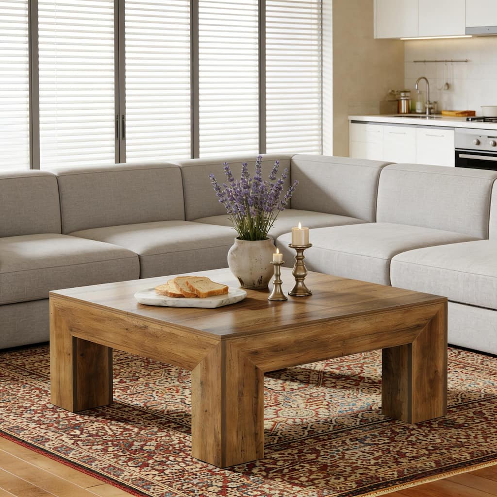 Square Coffee Table with Storage, Wood Dining Table Cocktail Table, Large Center Table for Living Room