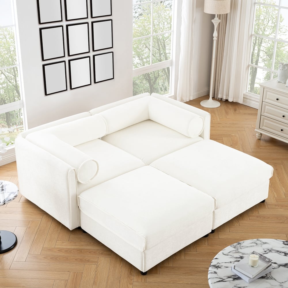 Upholstered Leisure Couch with Hidden Storage, Luxurious Sectional Sofa for Living Room, 75.5" Chenille Loveseat with 2 Ottomans