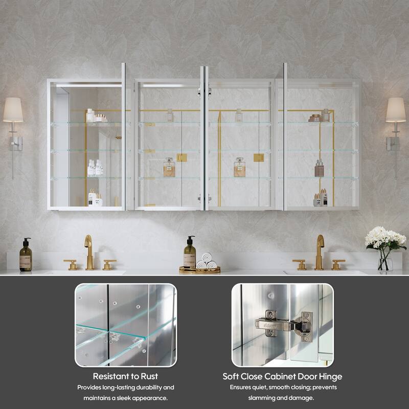72''/80''W X 30''H Recessed Or Surface Wall Mount Bathroom Medicine Cabinet With Adjustable Glass Shelves