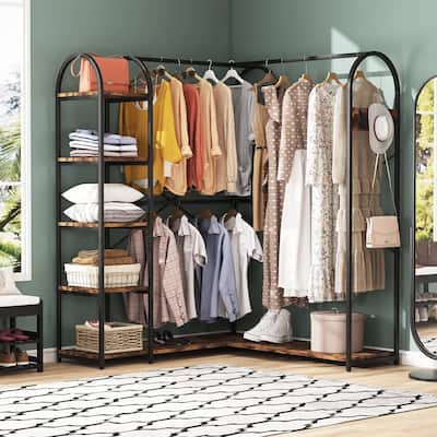 L Shape Clothes Rack Corner Garment Rack with Storage Shelves and Hanging Rods