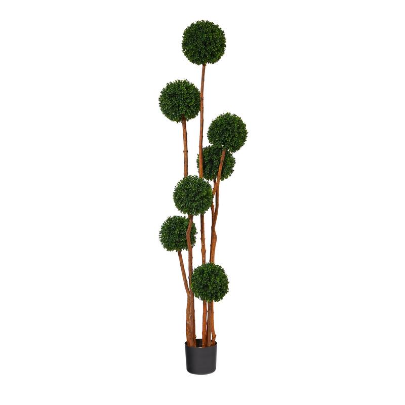 Bohemian Ball Topiary Tree - 6ft Artificial Tree with Natural Trunk, UV Resistant Indoor Outdoor Decor - Green - 51-60 Inches