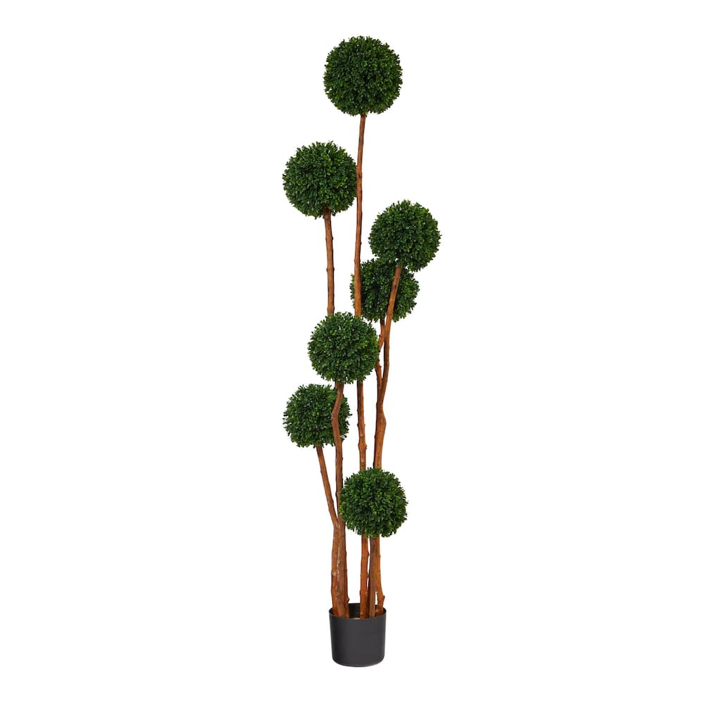 Bohemian Ball Topiary Tree - 6ft Artificial Tree with Natural Trunk, UV Resistant Indoor Outdoor Decor - Green - 51-60 Inches