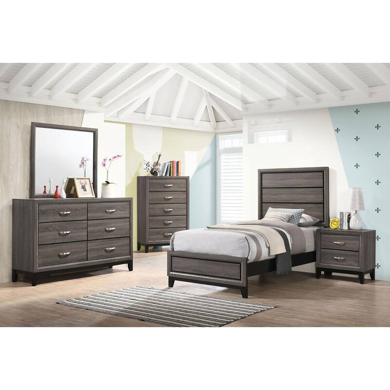 Modern Grey Oak Twin Panel Bed with Plank Headboard - Transitional Style