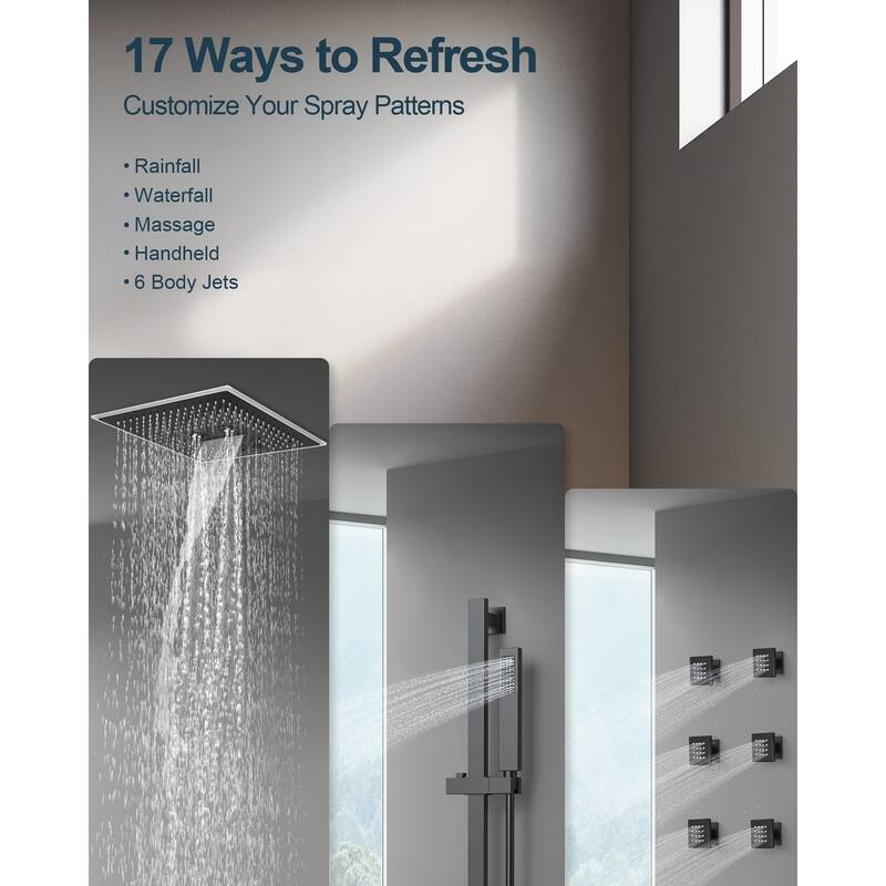 GRANDJOY Shower Faucet System 16 inch Ceiling Mount Shower Head 3 Spray Modes Handheld Spray with Slide Bar LED Music