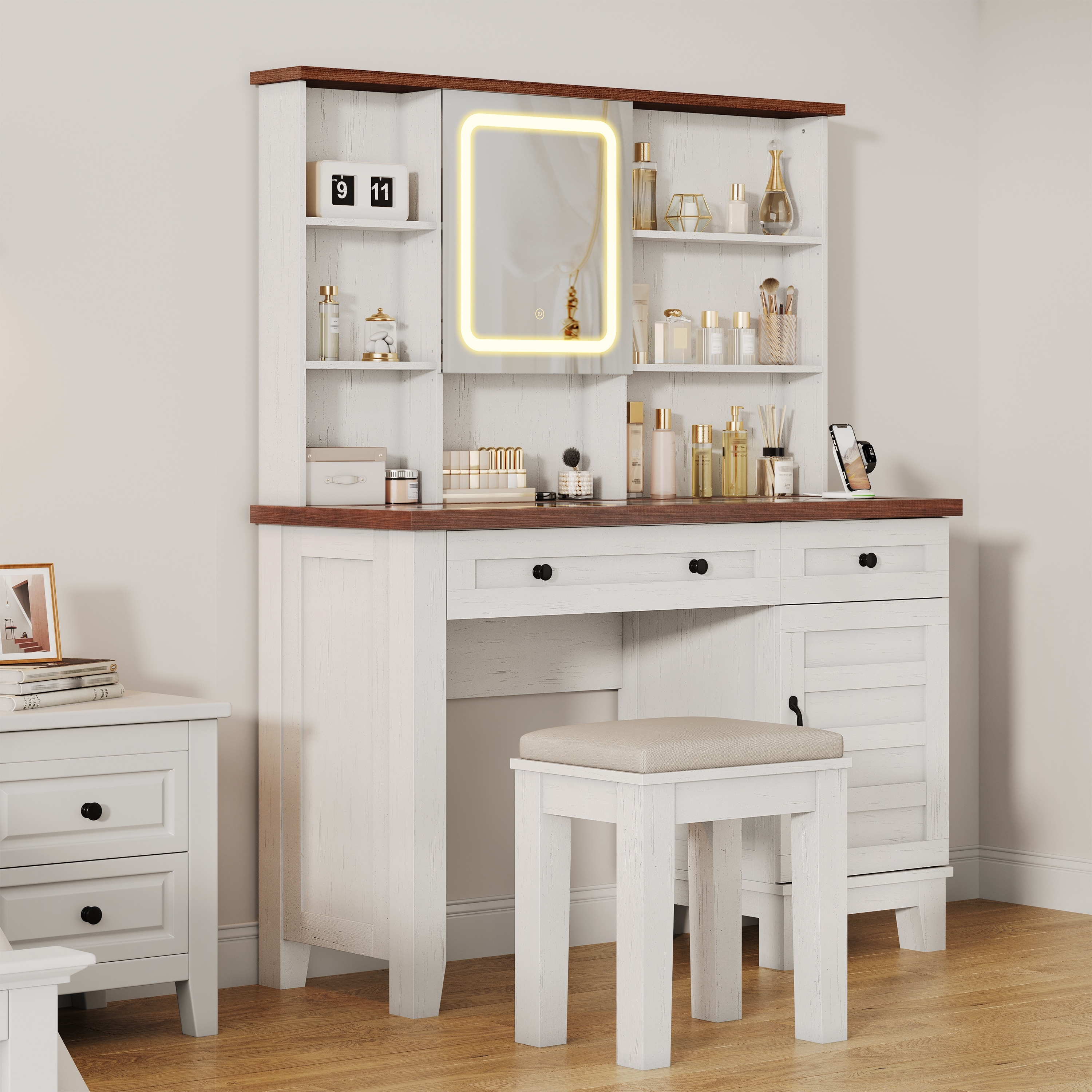 Farmhouse Makeup Vanity Desk with Solid Wood Stool, Makeup Table with Mirror and Lights