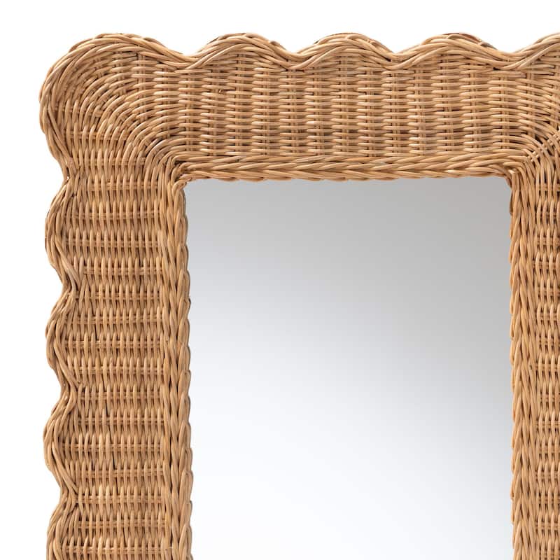 Makoto Scalloped Natural Rattan Wall Mirror - Handwoven Wicker Oval Frame, Boho Coastal Accent Decor for Entryway or Bedroom