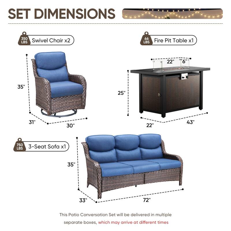 Pocassy Patio Sofa Swivel Chair Set with 43" Fire Pit Table