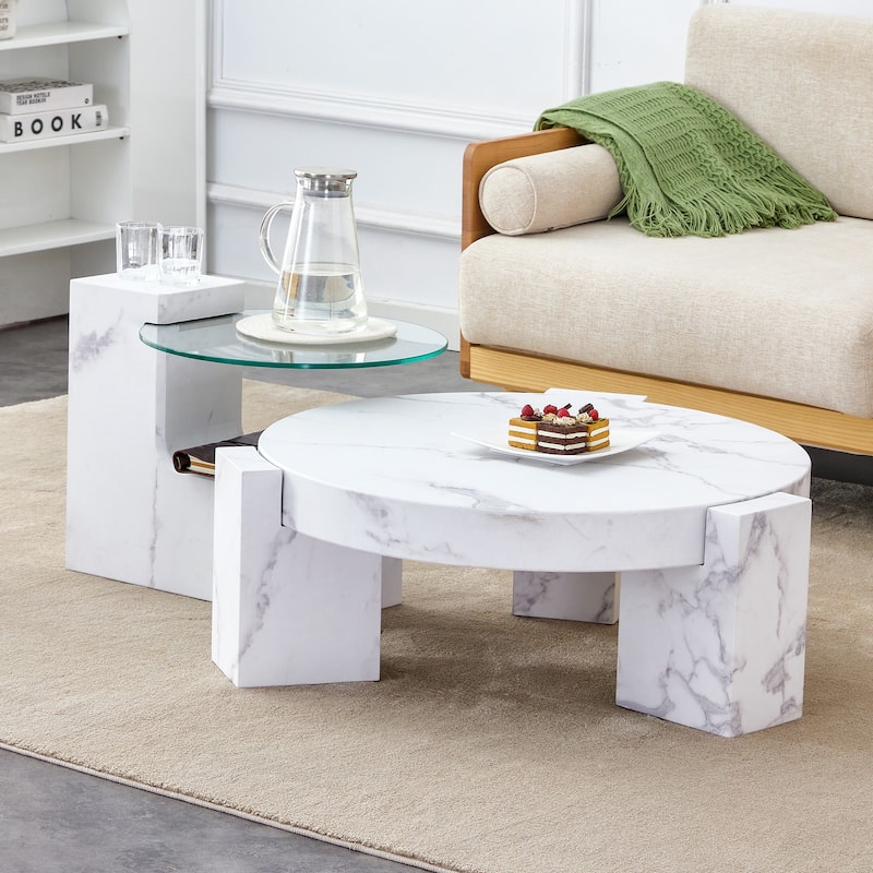 Double-Layer Round Coffee Table, Transparent Glass Top with L-Shaped Legs, Detachable Design Modern Center Table