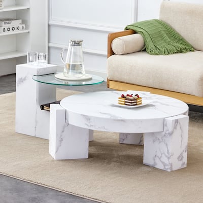 Fashionable Marble Textured MDF Coffee Table with Side Table, Versatile for Living Room and Bedroom