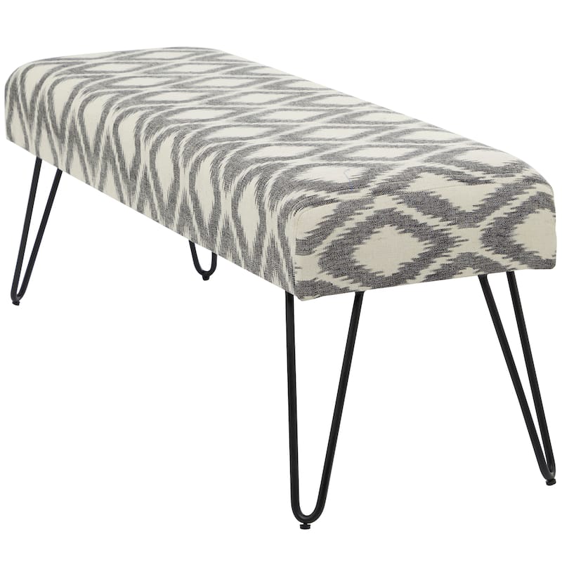 Metal Floral, Diamond or Tribal Bench with Metal Hairpin Legs - White, Gray or Multi Colored - Roche River Decor