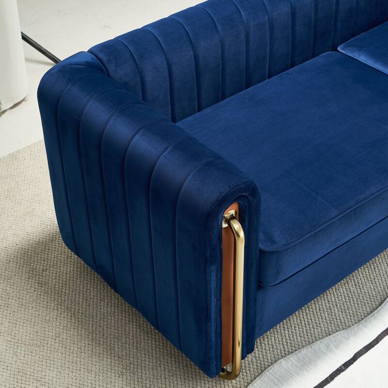Modern Velvet Sofa with Channel Tufting & Gold Steel Legs - 3 Seater Couch