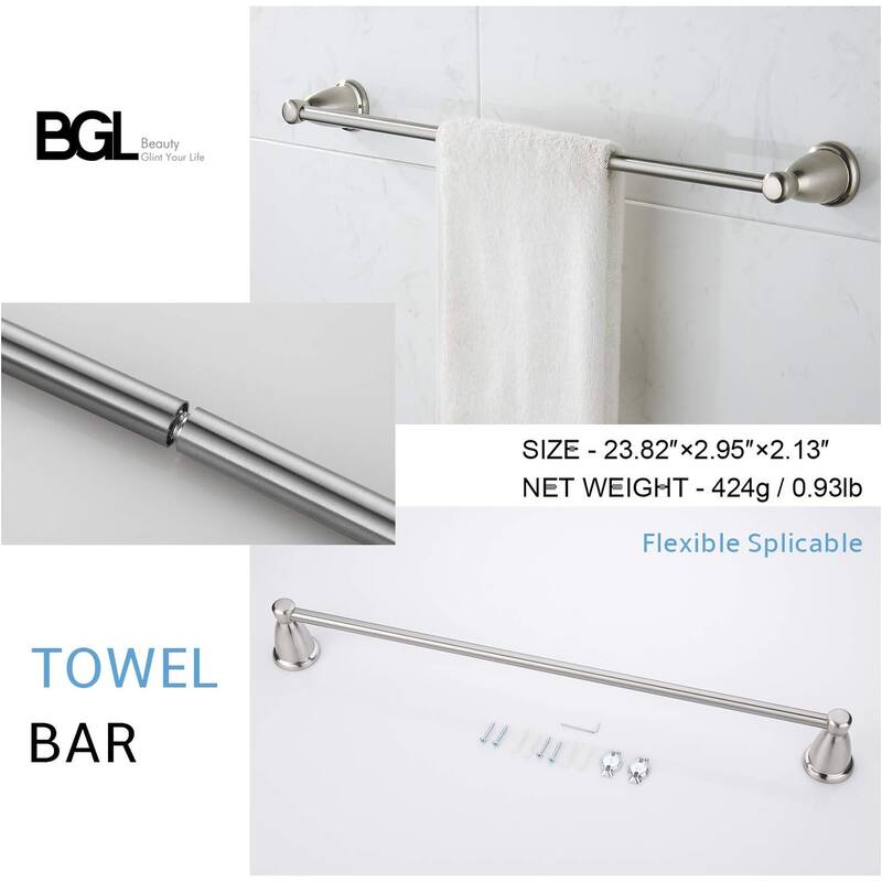 4-Piece Bathroom Accessories Set Brushed Nickel, 24" Adjustable Towel Bar