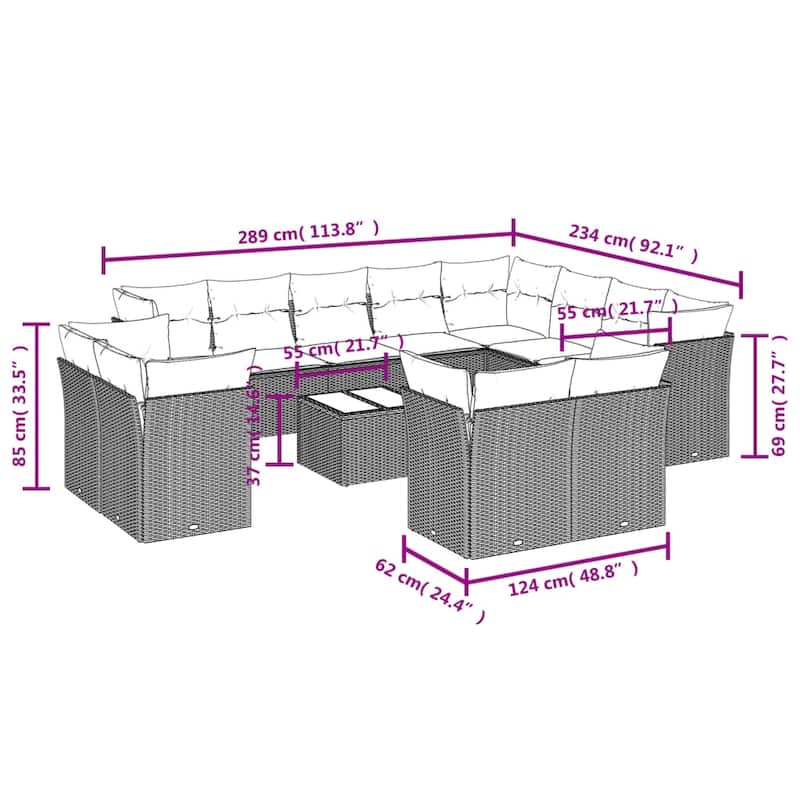 vidaXL Patio Sofa Set with Cushions Outdoor Conversation Furniture Poly Rattan - 21.7" x 24.4" x 27.2"