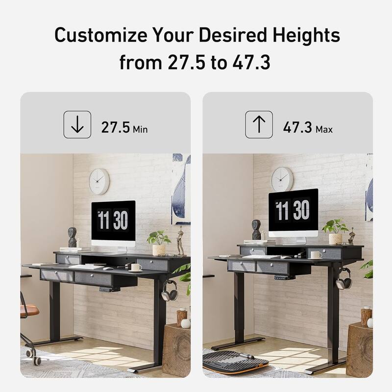 FEZIBO Sturdy Height Adjustable Electric Standing Desk with Drawers, Stand Up Table with Large Storage Shelf, Sit Stand Desk