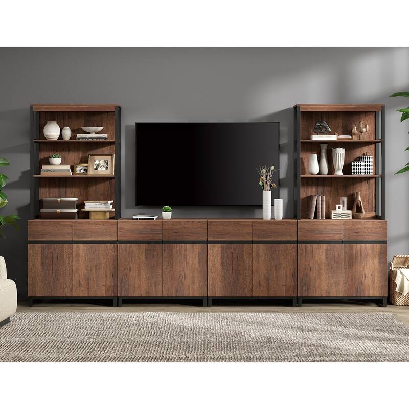 WAMPAT Modern TV Stand with 3 Tiers Bookshelf, Farmhouse Entertainment Center with 4 Large Storage Cabinets and Adjustable Shelf