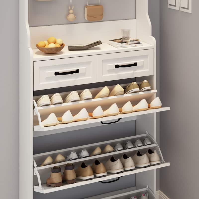 Shoe Cabinet with Hanger, Slim Hidden Shoe Rack Cabinet, Narrow Shoe Cabinet with 3 Flip Drawers & 2 Sliding Drawers