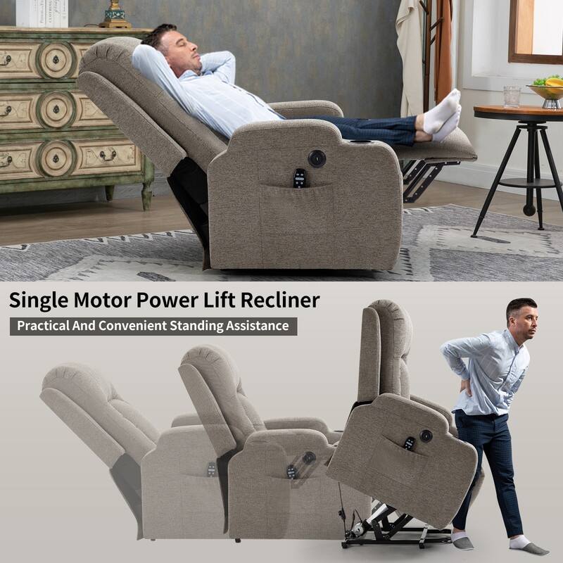 Single Motor Power Lift Recliner Chair with Massage, Heat, and USB Port - 350 lbs Capacity