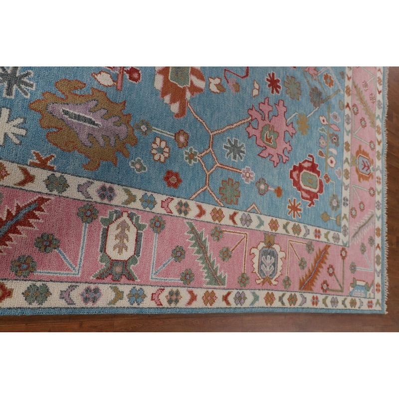 Light Blue & Pink Oushak Oriental Area Rug Handmade Wool Carpet - 8'11"x 11'10"