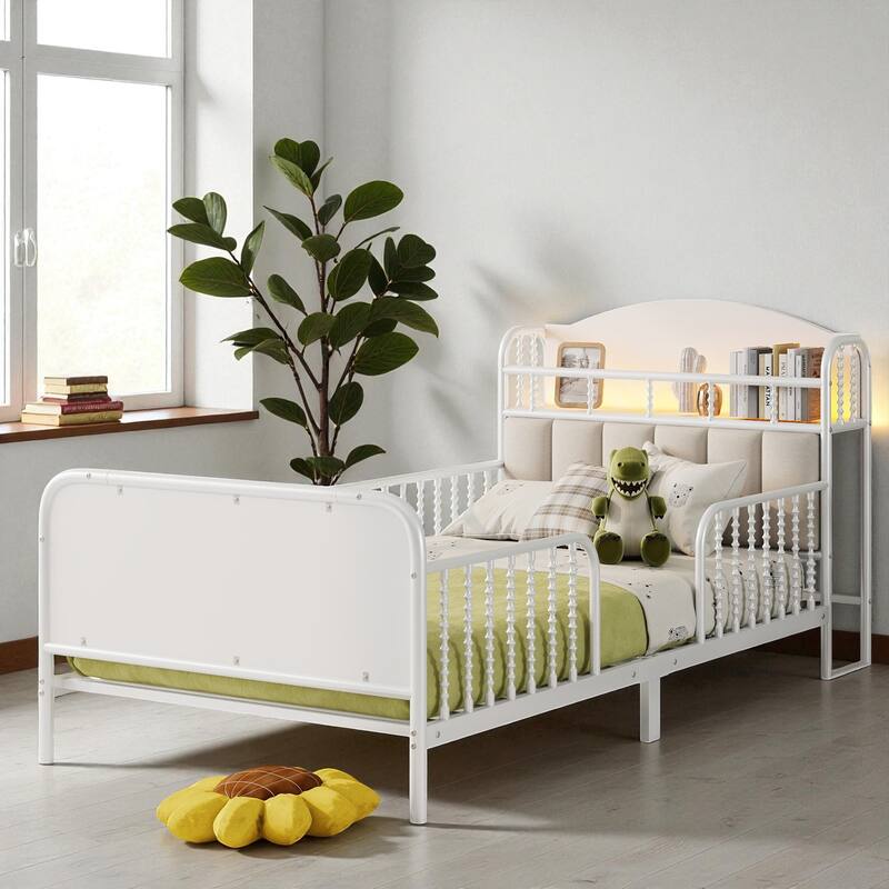 Twin/Full Size Metal Platform Bed with LED Lights and Upholstered Headboard, Kids Bed Frame with Storage Shelf - White - Twin