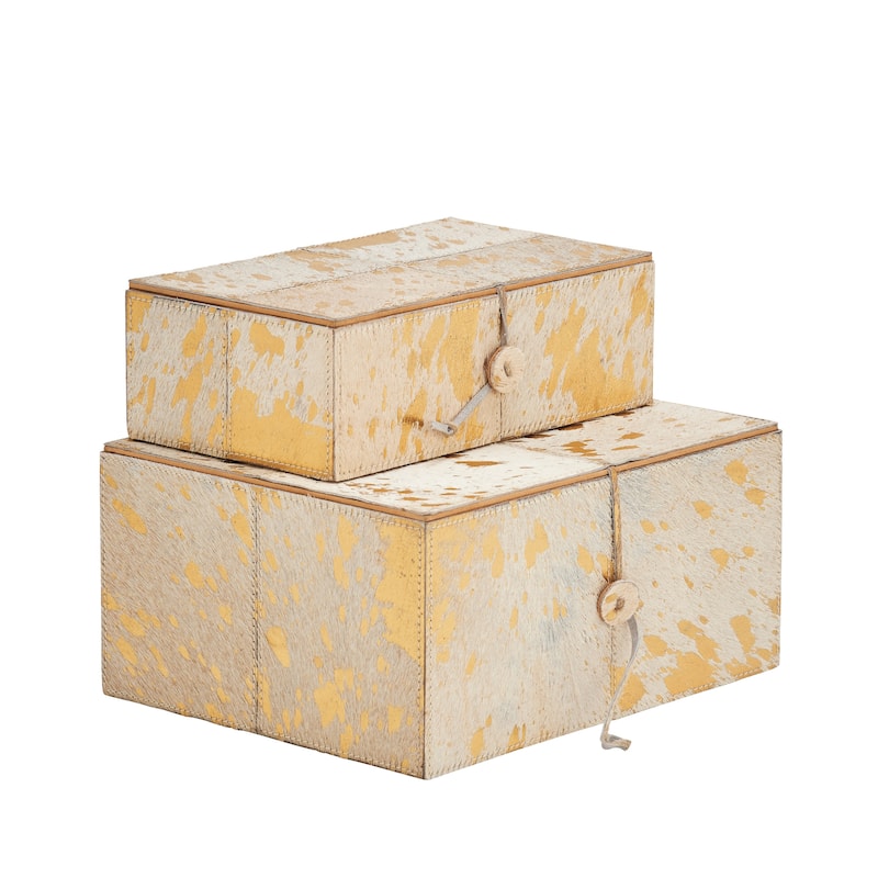 Gray Leather Handmade Box with Hinged Lid (Set of 2) - White or Gold