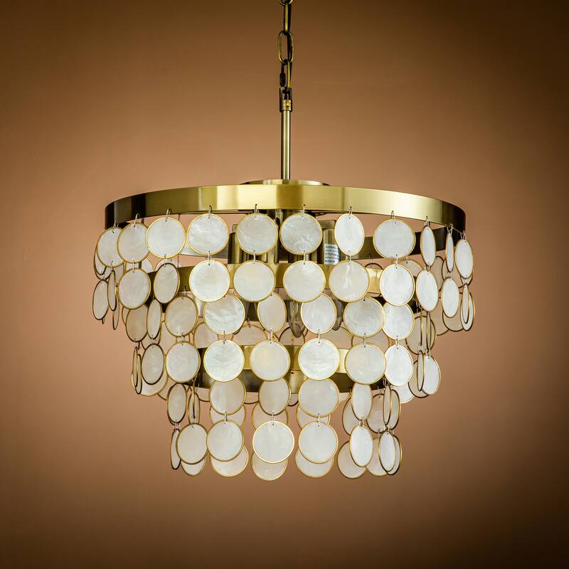 4-Light Round Coastal Capiz Shells Tiered Chandelier With Antique Gold Metal-Open Box