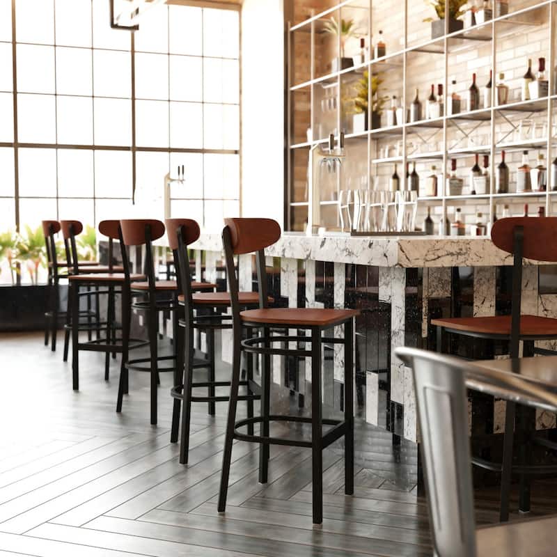 Commercial Metal Barstool with Wood Seat and Boomerang Back