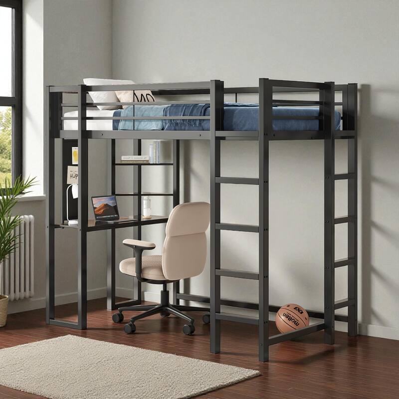 Twin Size Metal Loft Bed with Desk, Storage Shelves & Ladder, Space-Saving Workstation Loft Frame for Teens & Kids